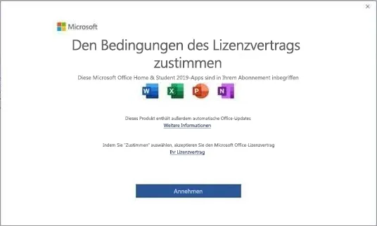 German Microsoft example screenshot "Den Bedingungen des Lizenzvertrags zustimmen".