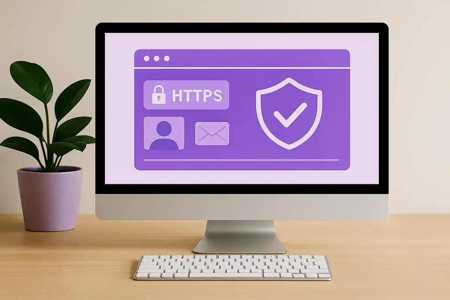 A computer screen showing a website graphic with a security shield.