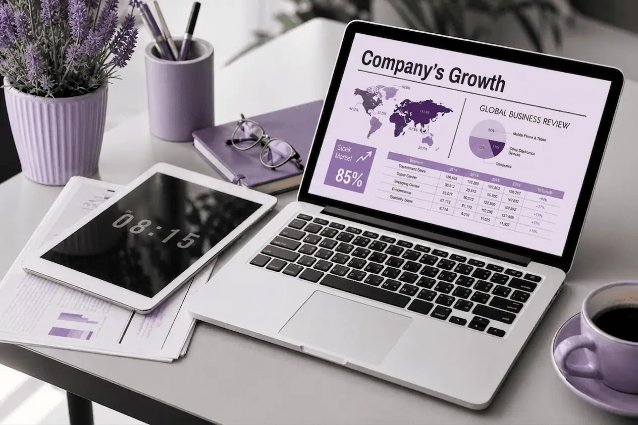 A laptop showing “Company's Growth” and some graphs on the screen, a tablet showing the time, a notebook and glasses, and a pot of lavender on a desk.