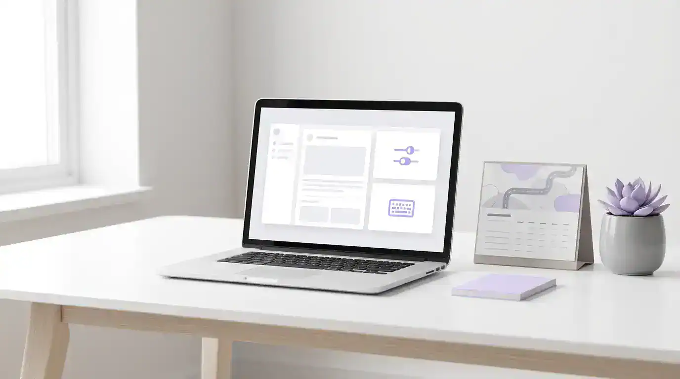 Minimal office desk with a laptop showing a clean, text-free inclusive design layout with accessibility icons and subtle lavender accents.