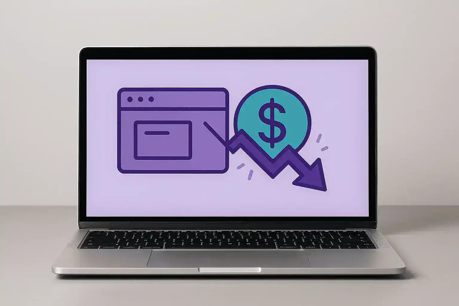 A laptop showing a website graphic with a dollar sign and a downward line.