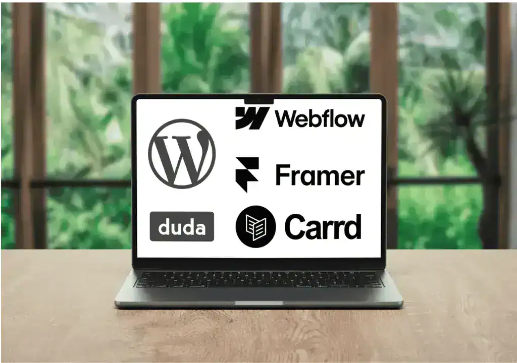 A laptop showing logos of various cms platforms on the screen.