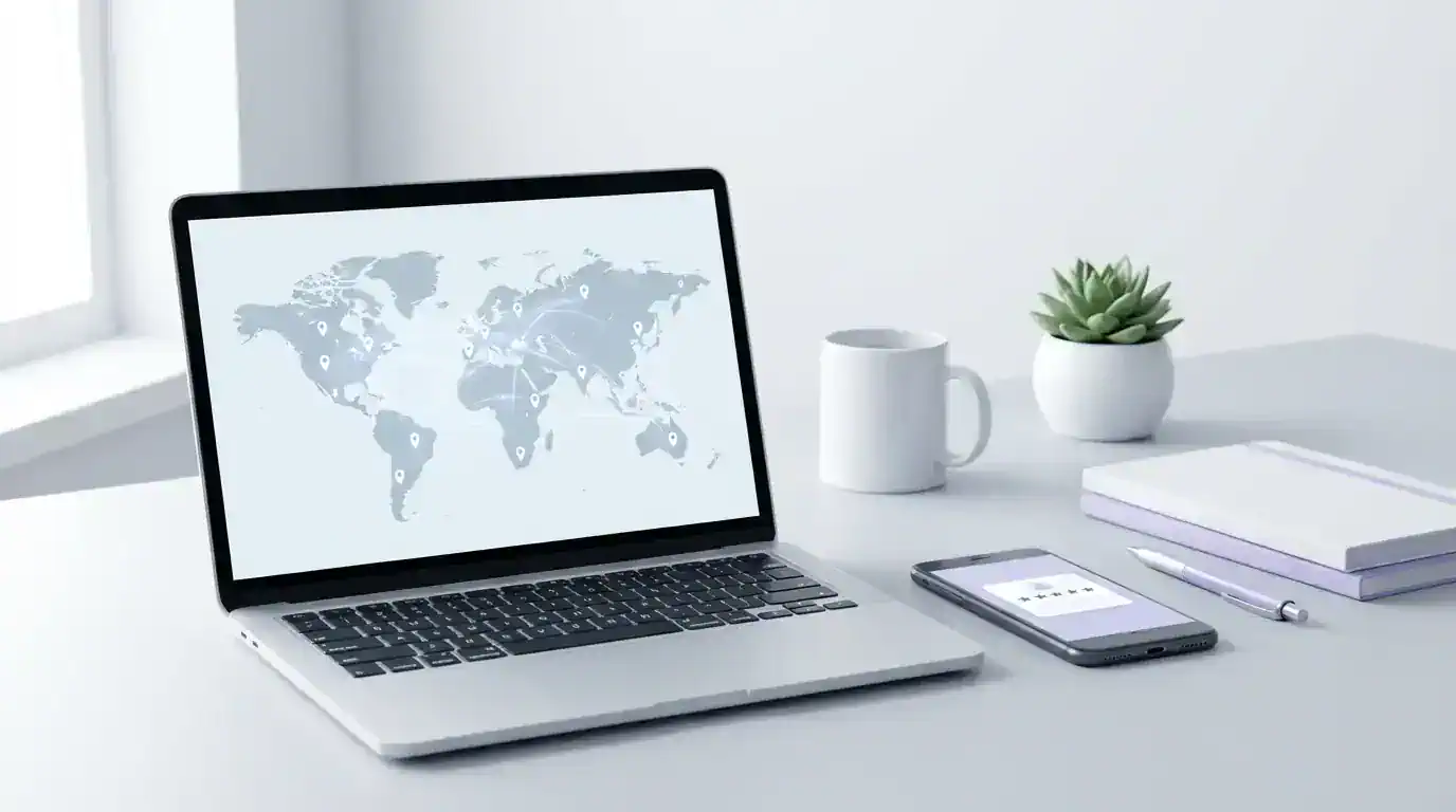 Minimal office desk with a laptop showing a text-free world map with pins and connection lines, and a smartphone showing a simple five-star review card.