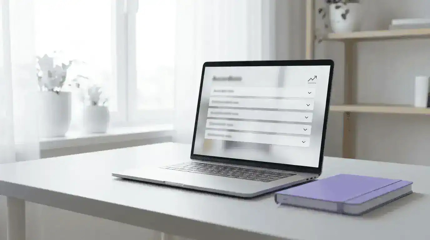 A laptop showing an FAQ page on the screen.