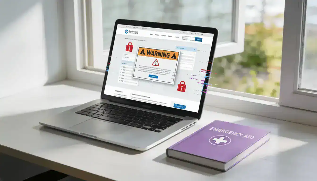 A laptop showing an alert that a website has been hacked. A “Emergency Aid” notebook is also on the desk.