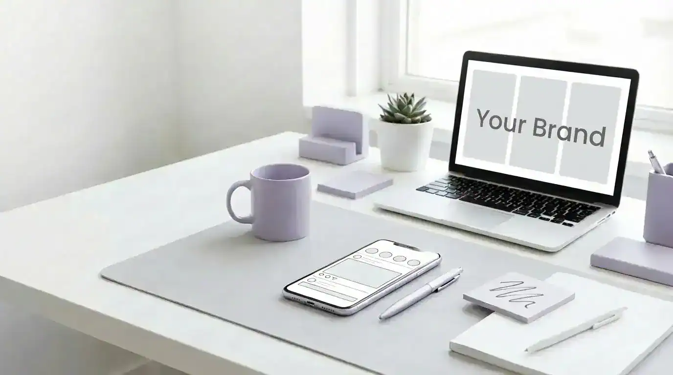 Minimal office desk with a smartphone showing a text-free social post layout and a laptop screen that reads “Your Brand,” with subtle lavender accents.
