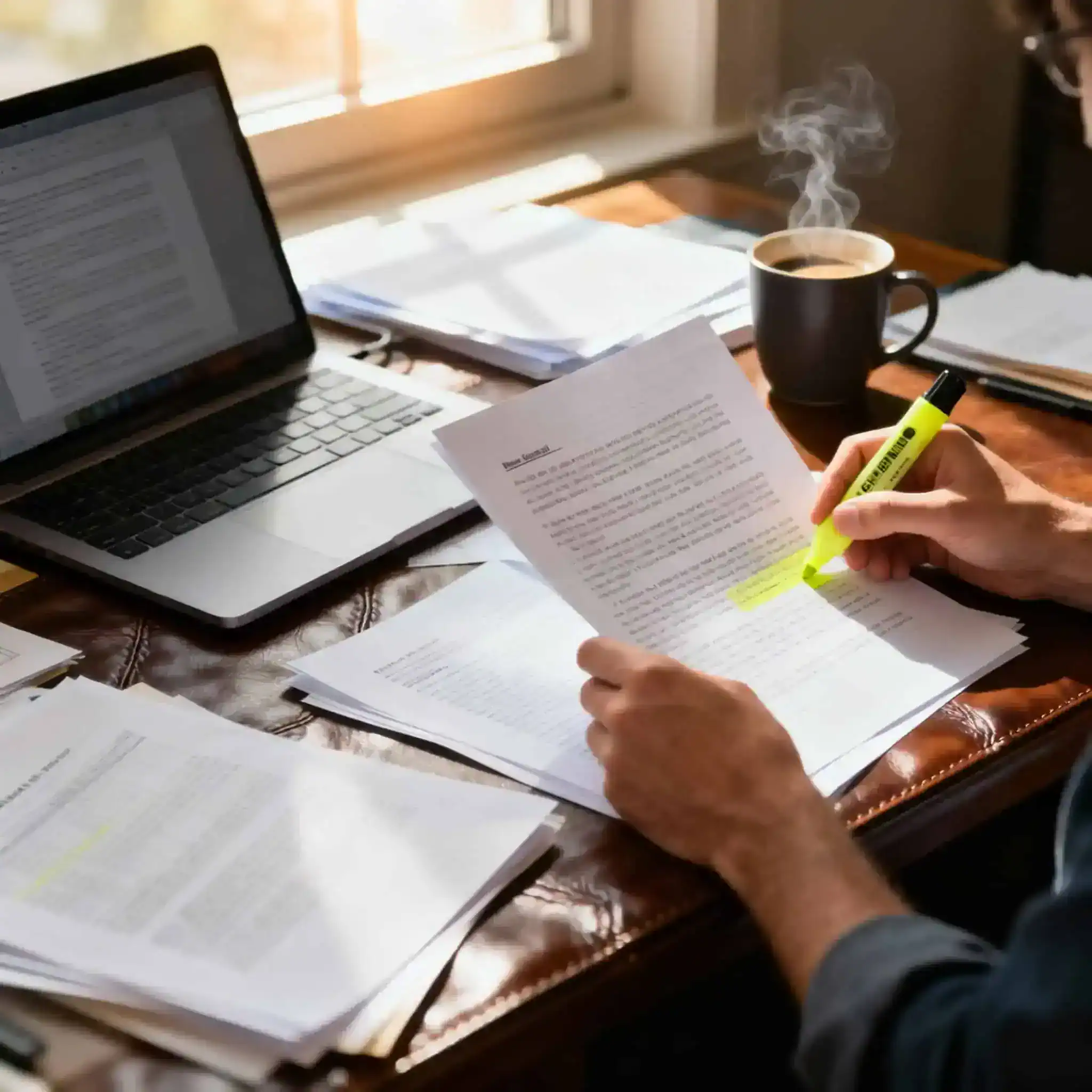 A laptop, a lot of documents and a person with a highlighter correcting drafts.