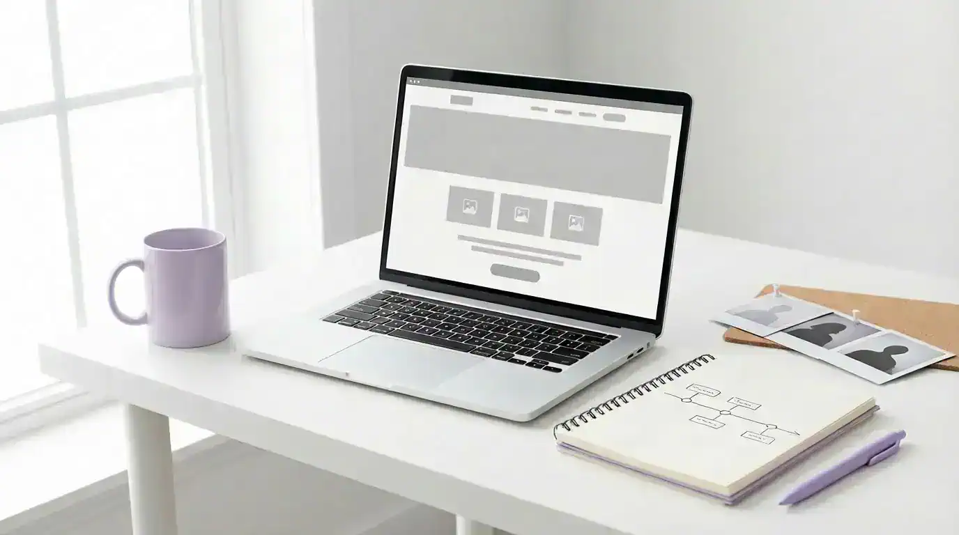 Bright desk with a laptop showing a text-free About page wireframe, a notebook with a simple timeline sketch, and a lavender mug.