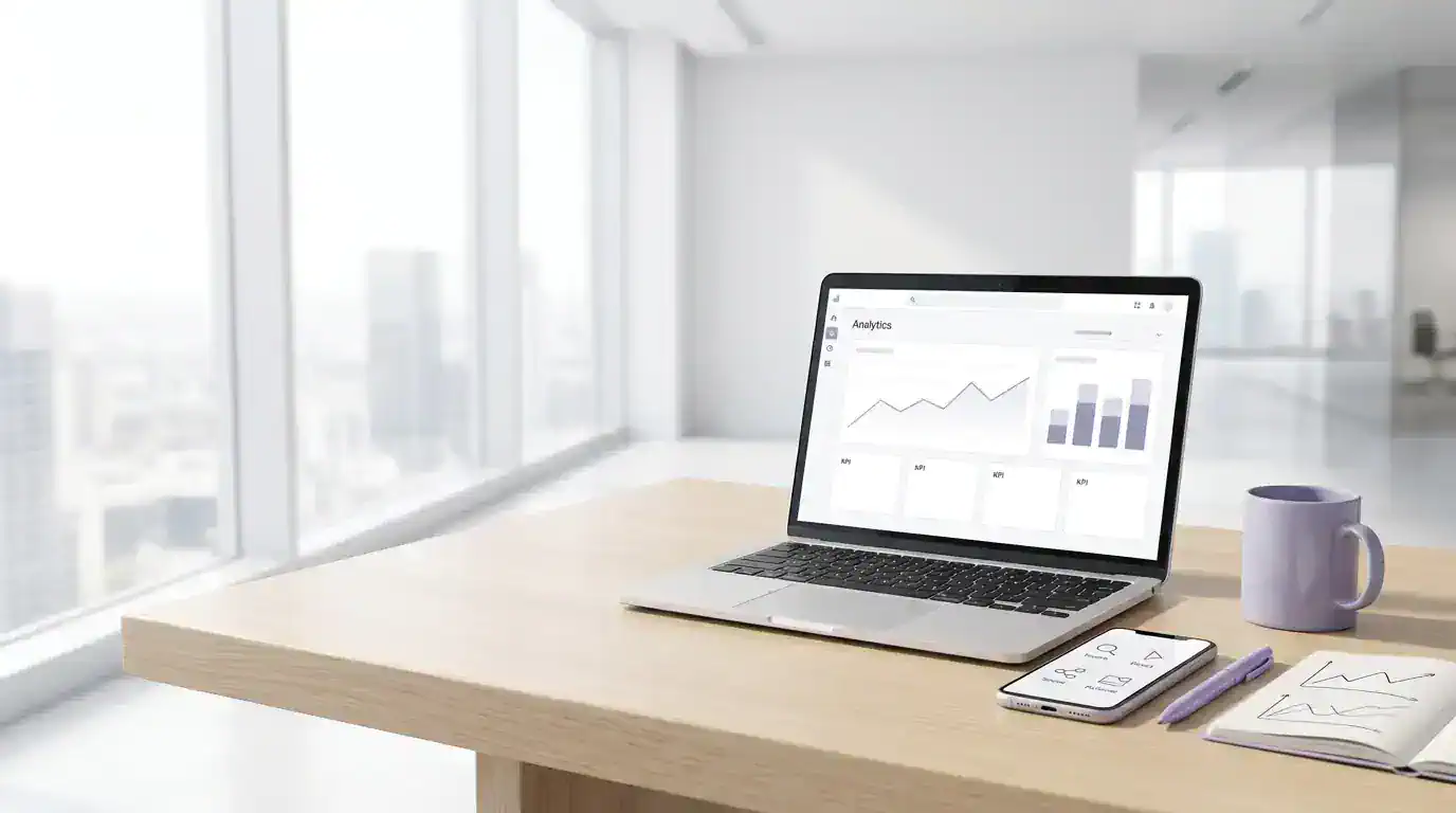 Bright desk by a window with a laptop showing a text-free analytics dashboard, a smartphone with simple icons, and subtle lavender accents.