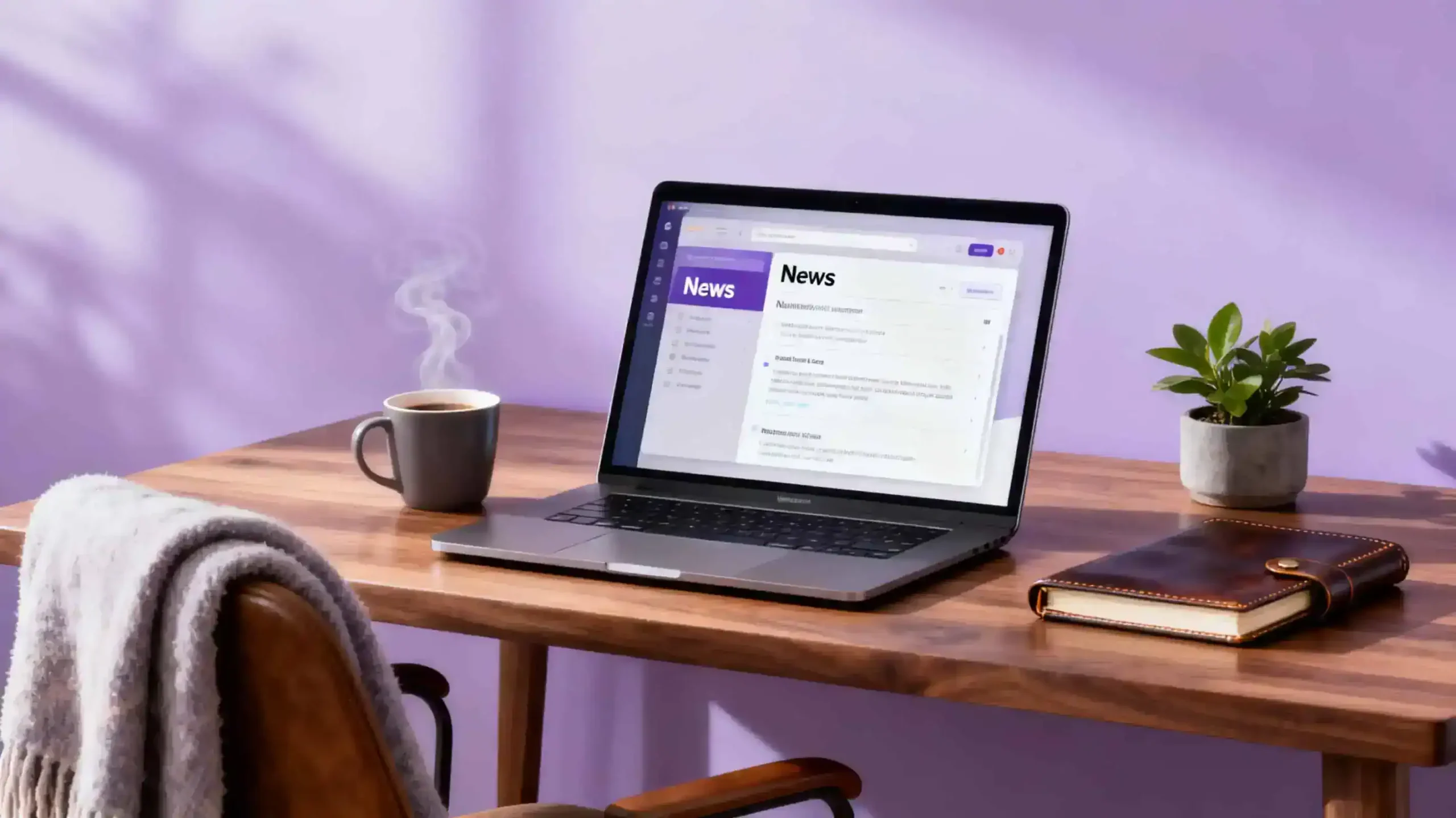 An open laptop on a desk showing a newsletter and a soft blanket on a chair next to the desk.