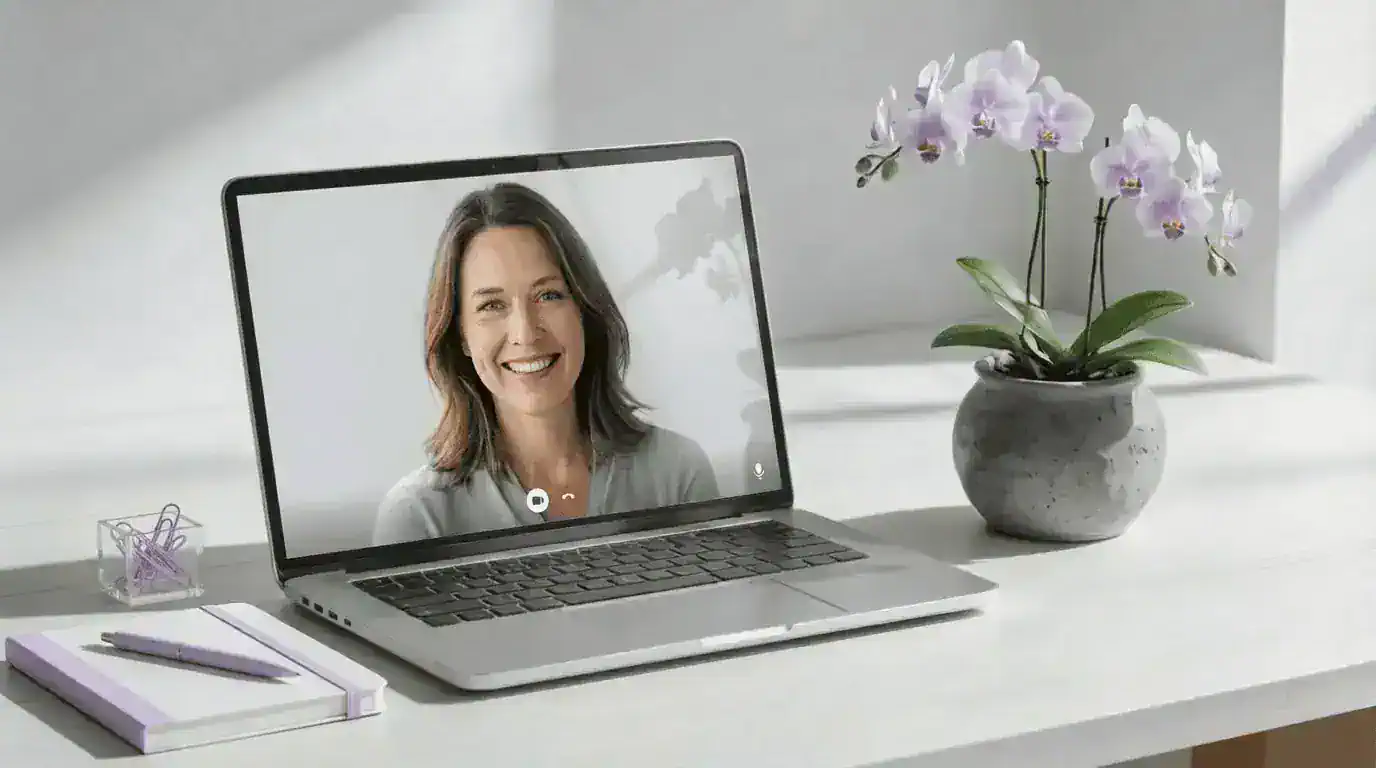 A laptop on a desk showing a smiling woman.