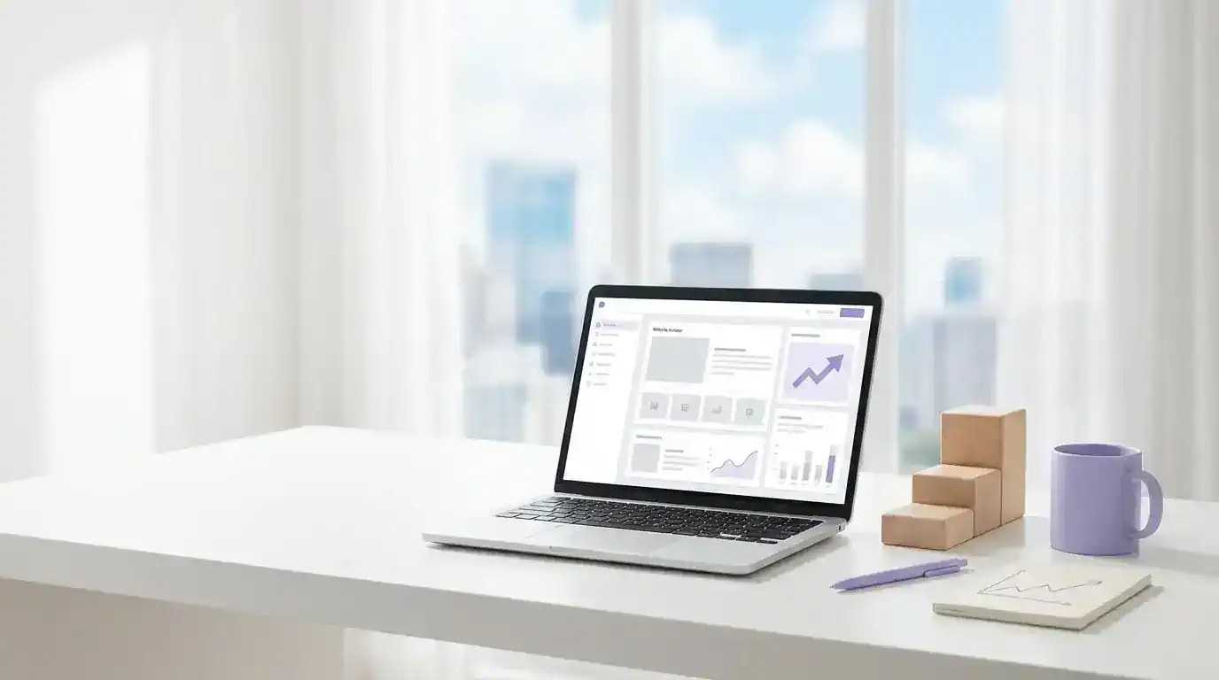 Bright desk by a window with a laptop showing a text-free website dashboard, stacked wooden blocks, and subtle lavender accents.