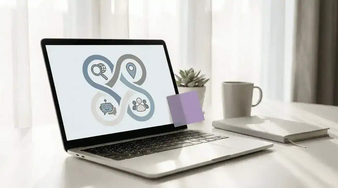 A laptop showing a graphic design related to SEO.
