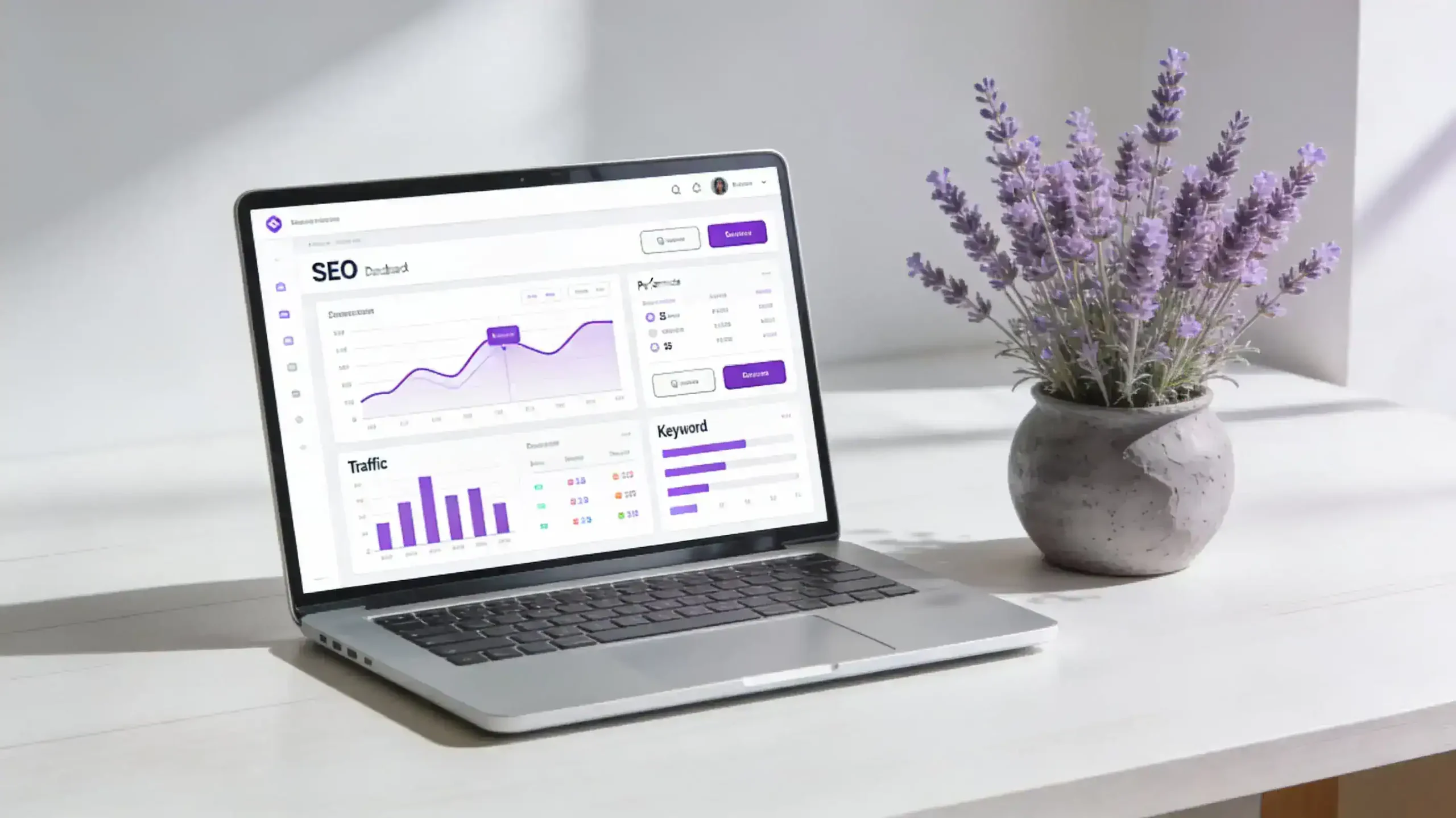 A laptop showing SEO statistics and a vase with lavender next to it on the desk.
