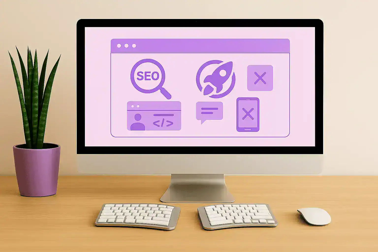 A computer showing SEO-related icons on the screen.