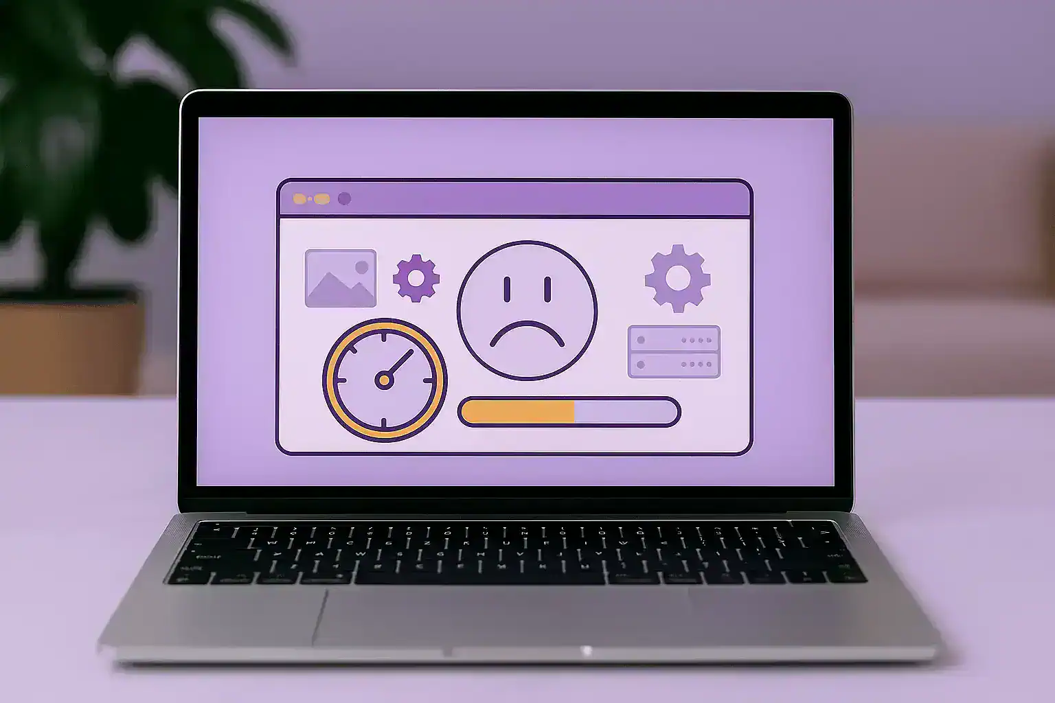 A laptop showing a graphic with an unhappy face, a speedometer and some gears.