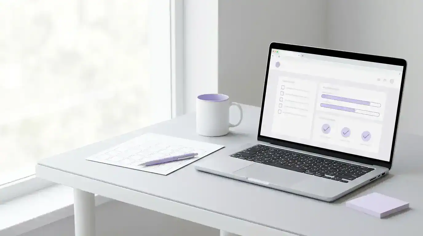 Bright desk by a window with a laptop showing a text-free website checklist dashboard, a blank calendar page, and subtle lavender accents.