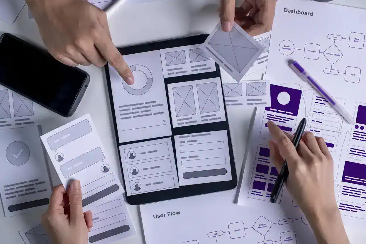 Hands reviewing website wireframes around a tablet on a desk with purple design accents.