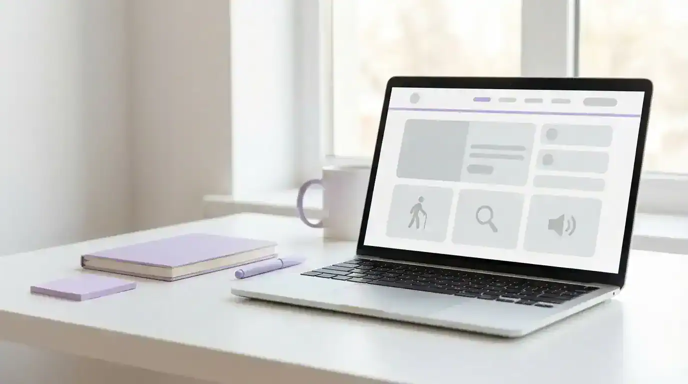 Minimal office desk with a laptop showing a clean, text-free accessible website layout, with subtle lavender accents across the workspace.