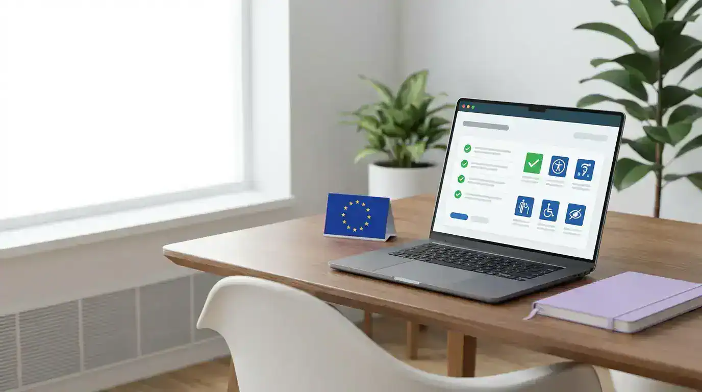 Laptop on a modern desk showing a clean accessibility audit dashboard, with a small EU flag, notebook, and coffee cup in soft natural light.