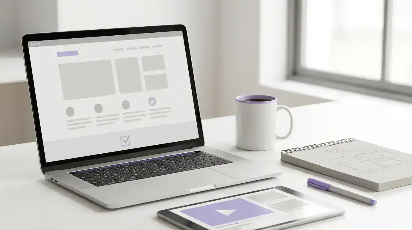 Bright desk with a laptop showing a text-free article layout, a tablet with a play icon, and a notebook with simple diagrams and subtle lavender accents.