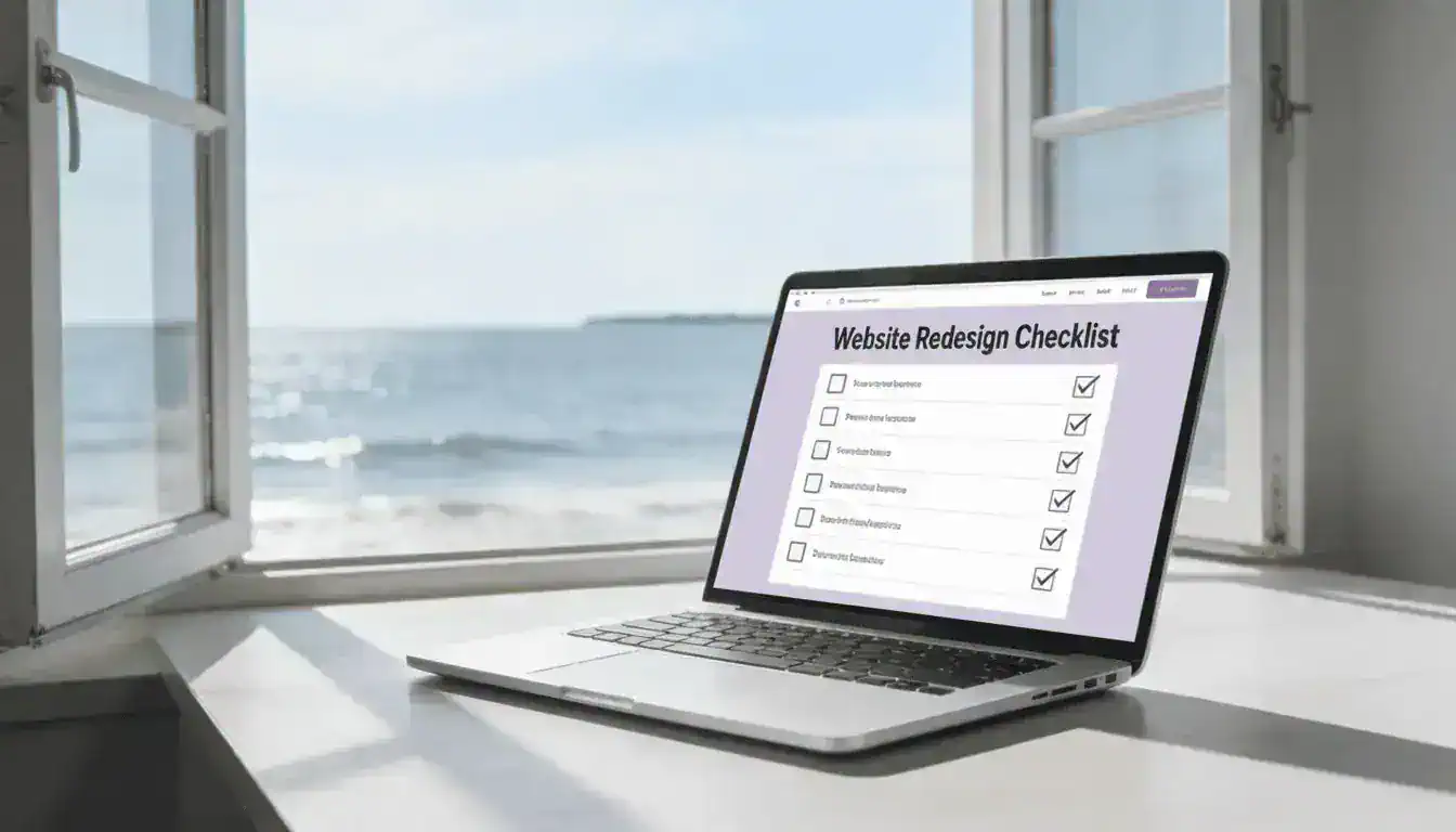 A laptop next to a window with sea view showing a website redesign checklist.