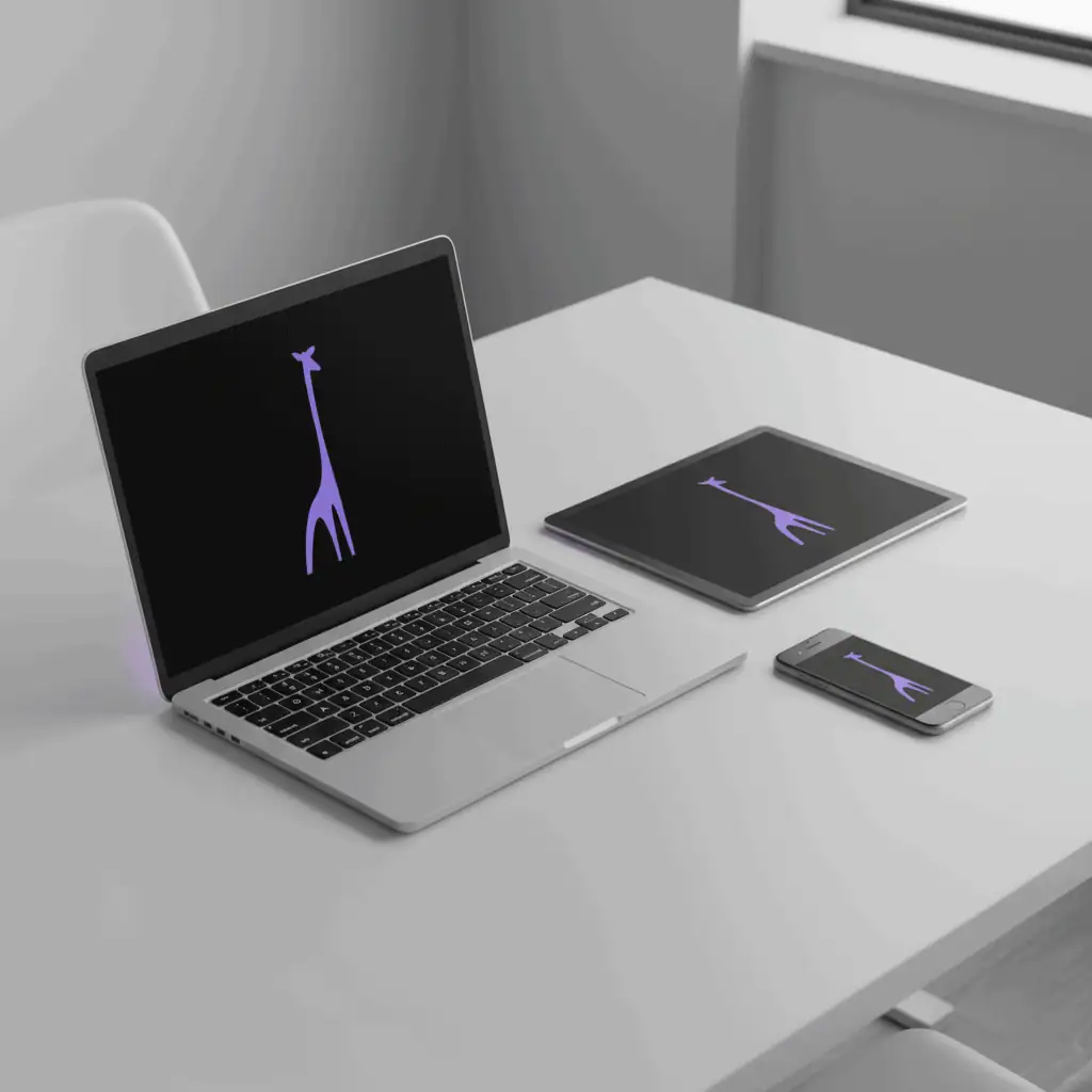 A laptop, a tablet and a mobile phone on a desk. The laptop screen shows the Lavender Giraffe logo.