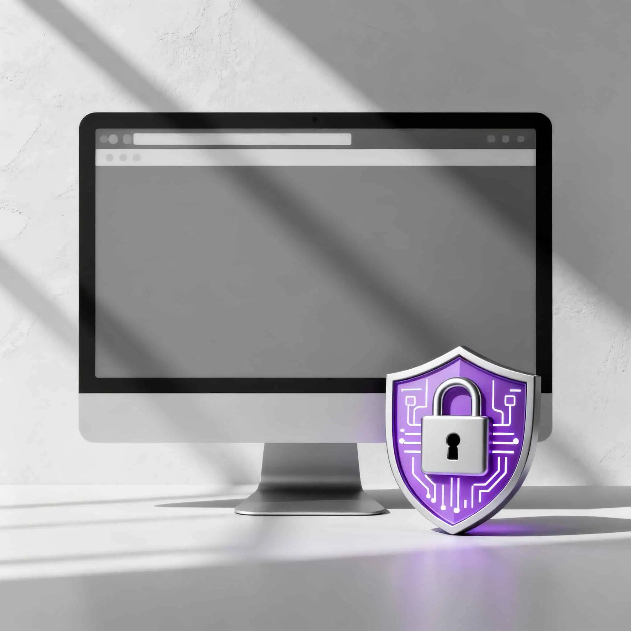 A computer screen with a security shield graphic with a lock in front of it.