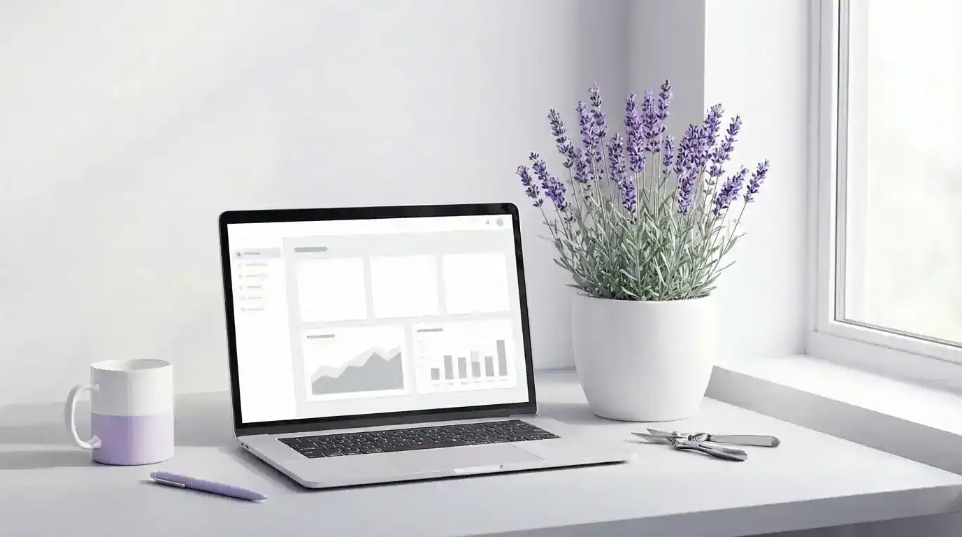 Bright desk by a window with a laptop showing a text-free website dashboard, pruning scissors, and a potted lavender plant in a white pot.