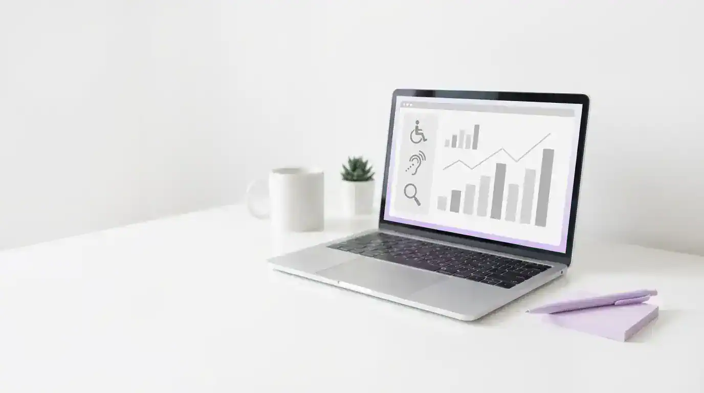Minimal white desk with a laptop showing a clean, text-free accessibility and SEO audit interface with subtle lavender accents.