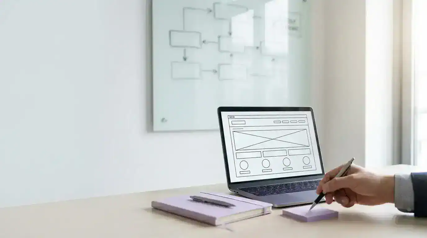 Modern strategy session workspace with a laptop showing a simple website wireframe and a blurred whiteboard with planning diagrams in the background.