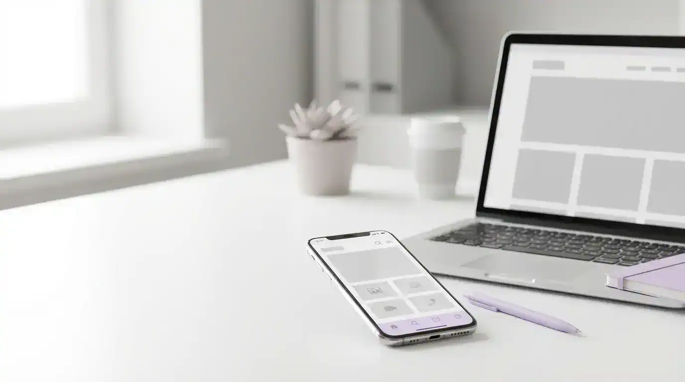 Minimal office desk with a smartphone in the foreground and a laptop behind it, both showing clean, text-free website layouts with subtle lavender accents.