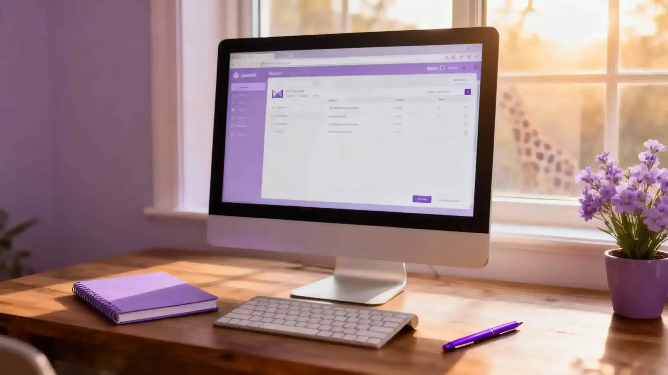 A PC, a keyboard and a lavender notebook on desk next to window. The PC screen shows an email editor.