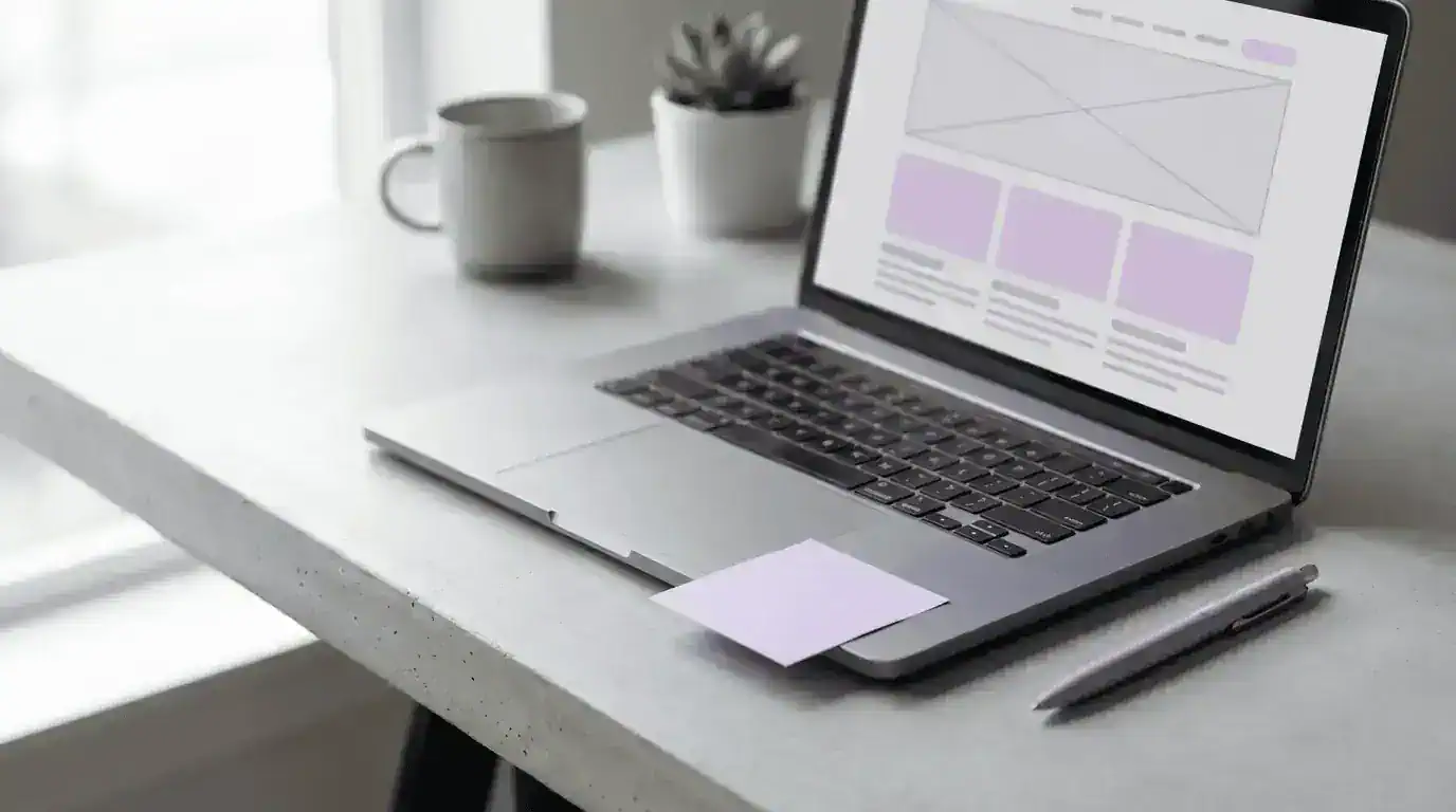 A laptop showing a website wireframe and a post-it sticker on the keyboard.